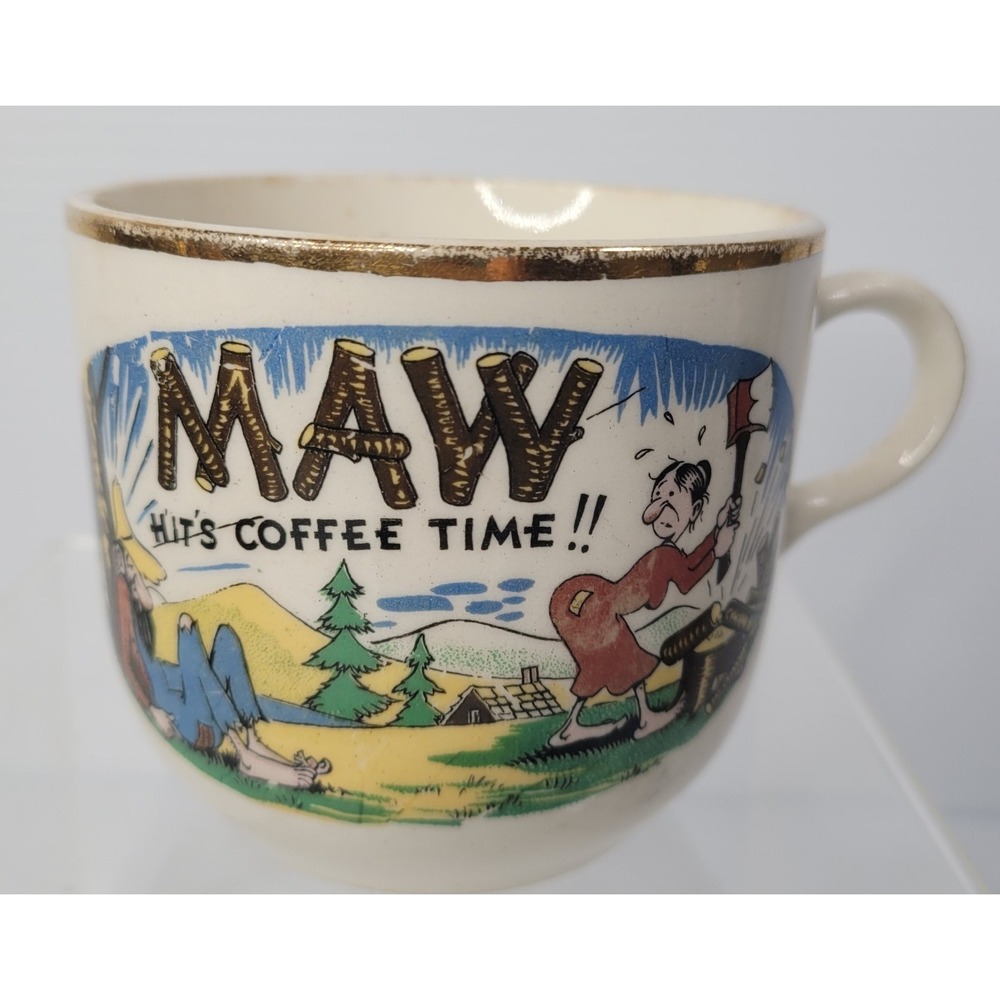 Hillbilly Ma & Pa Coffee Mug Cup Colorful Graphics Maw Its Coffee Time Scene VTG